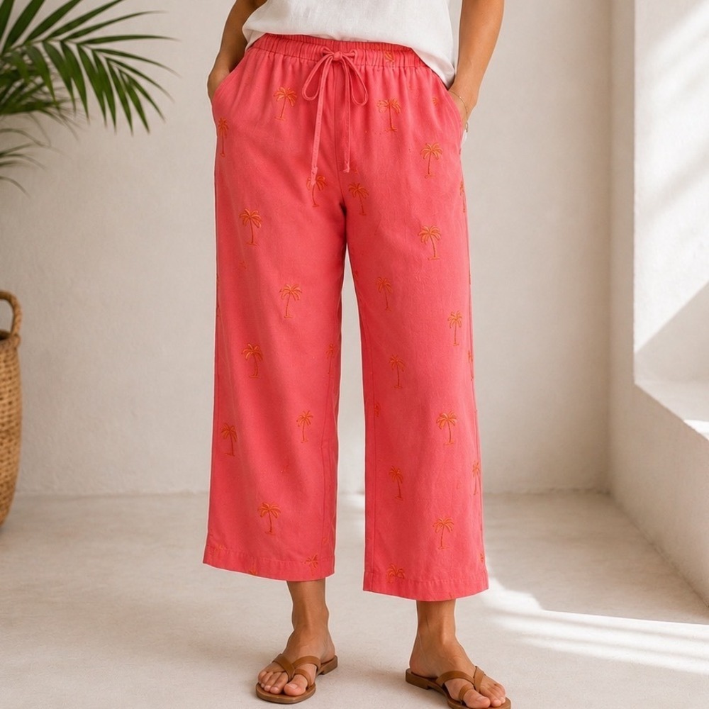 Coral‎ Silk Linen Palm Tree Embroidered Drawstring Cropped Pants Women's 14W